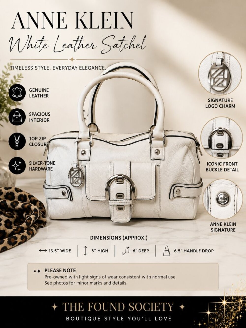 Anne Klein White Genuine Leather Satchel Silver Hardware Pebbled Leather Purse